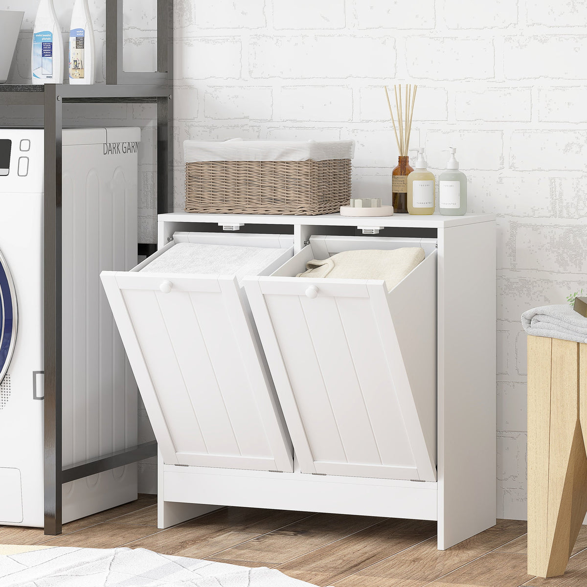Tilt-Out Laundry Storage Cabinet, Modern Laundry Hamper with 2 Compartments for Bathroom Washroom, Black