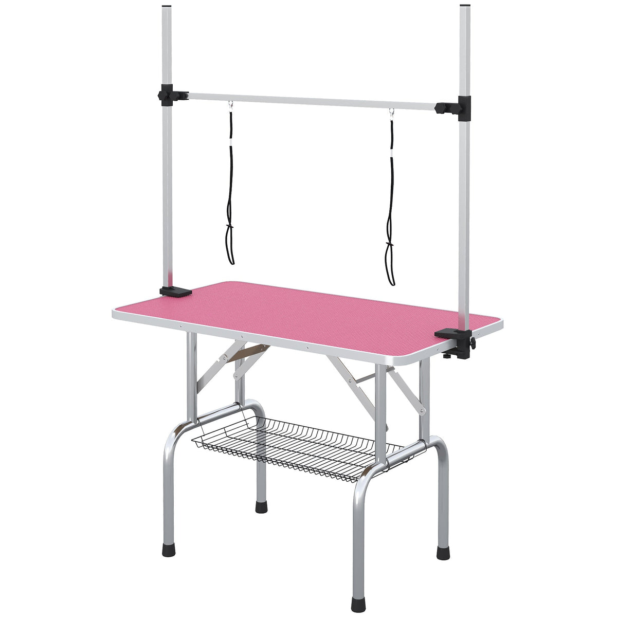 Adjustable Dog Grooming Table with 2 Safety Slings, Storage Basket, Black