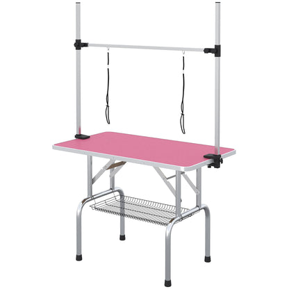 Adjustable Dog Grooming Table with 2 Safety Slings, Storage Basket, Black