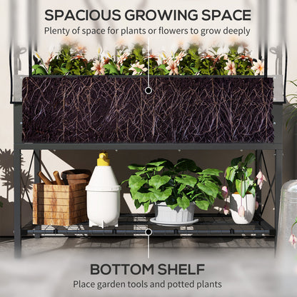 Raised Garden Bed with Cover, Metal Elevated Planter Box with Bottom Shelf and Liner, Black