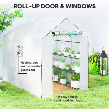 Walk-in Greenhouse with 3 Tier, Garden Plant Growhouse with Roll-up Door and Mesh Windows, 140 x 213 x 190 cm, Green