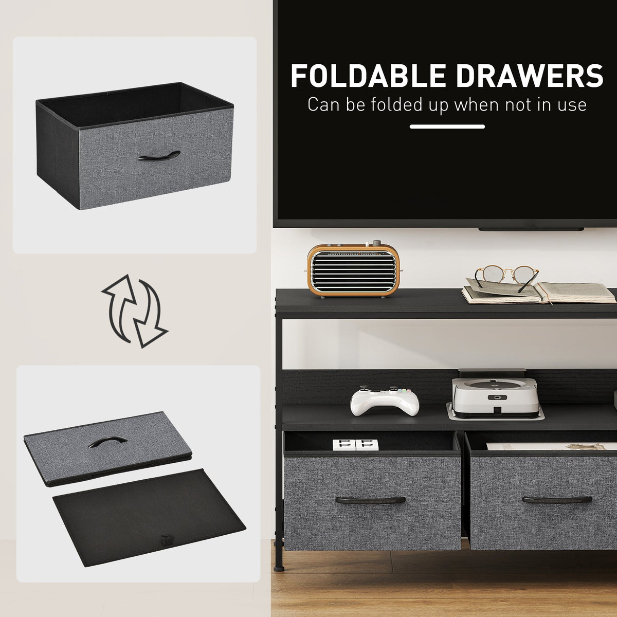 TV Stand with Charging Station, TV Table with 2 Foldable Linen Drawers and Open Shelf for 47 Inch Television, Black