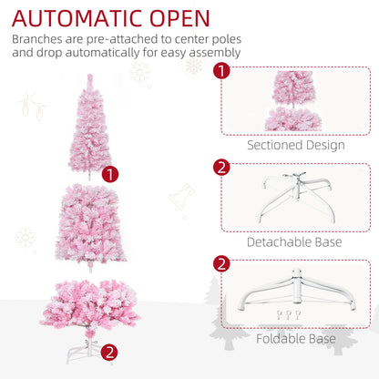 5 FT Snow Flocked Artificial Christmas Tree, Pencil Xmas Tree with Realistic Branches, Auto Open and Steel Base, Pink