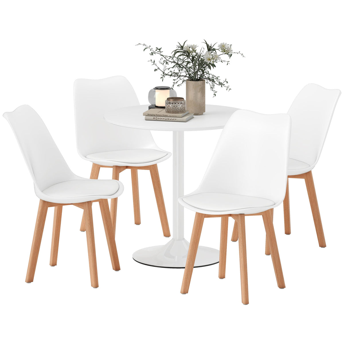 Round Dining Table Set for 4 with Pedestal Base, PU Padded Seats, for Small Space, Apartment, White