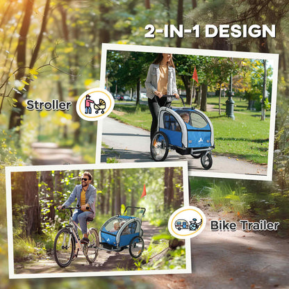 2-in-1 Bike Trailer for Kids, Foldable 2-Seat Baby Stroller with 5-Point Harness, Rubber Wheels, Storage Bag, Black
