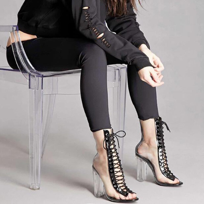 Lace Up Transparent Block Heels