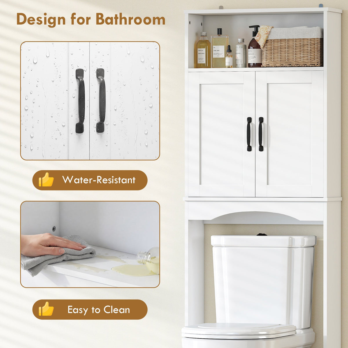 Over the Toilet Storage Cabinet Freestanding Bathroom Organizer with 2 Doors and Open Shelf Black