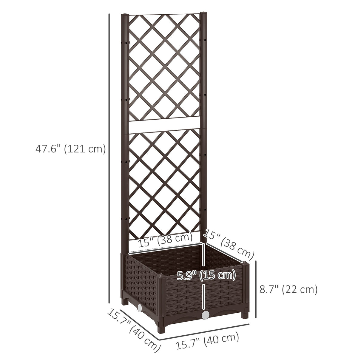 Raised Garden Bed with Trellis, Plastic Raised Flower Bed with Drainage Holes and Drain Plugs, 16" x 16" x 48"