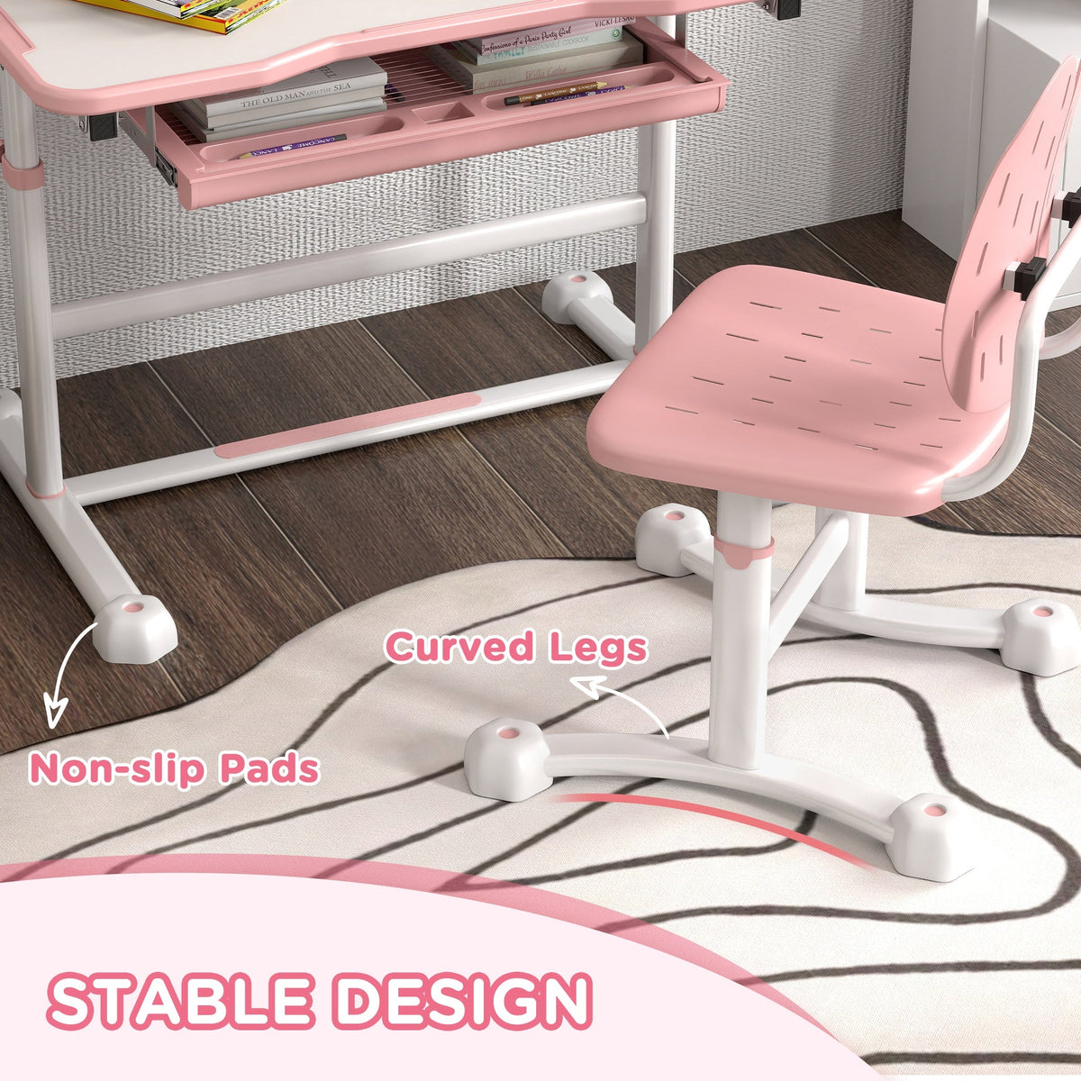Height Adjustable Kids Desk and Chair Set with Tilt Desktop, Large Writing Board, Storage Drawer, Book Stand, Grey