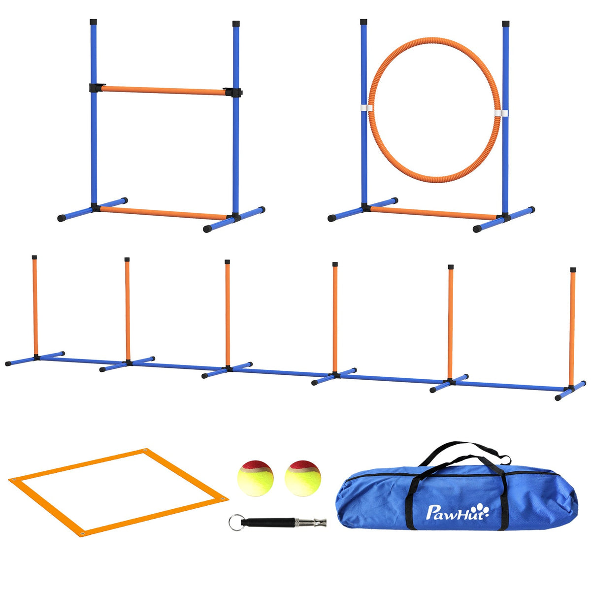 Dog Agility Training Equipment w/ Weave Poles, Adjustable Hurdle, Jump Ring, Pause Box, Whistle, Balls, Carry Bag