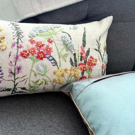 12x20" Embroidered Wildflower Lumbar Pillow – Cotton Front, Paper Silk Back