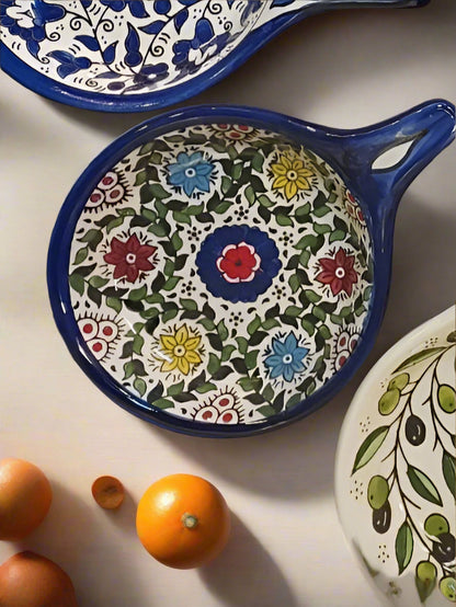 Handmade Ceramic Serving Pan 5 Inch Appetizer & Snack Dish Multiple Floral & Blue Rose Designs