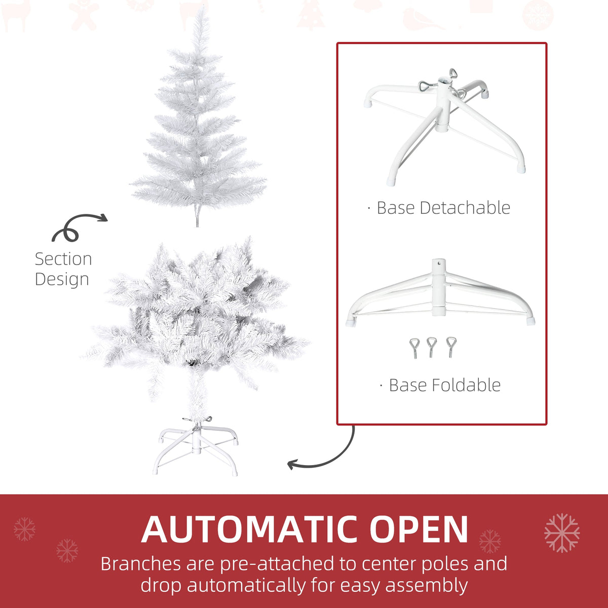 4ft Artificial Christmas Tree with Pine Realistic Branches, Auto Open, for Indoor Decoration, White