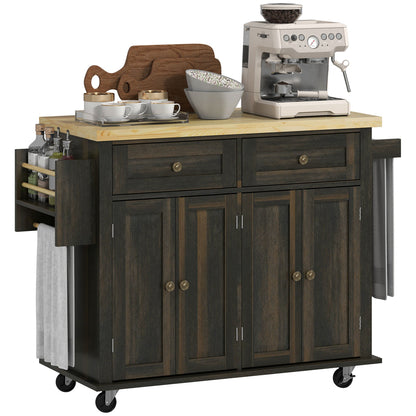 Kitchen Island with Storage, Rolling Trolley Cart with Rubber Wood Top, Spice Rack, Towel Rack, Brown Oak