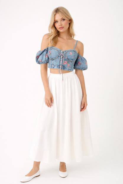 Floral Denim Top with Removable Sleeves