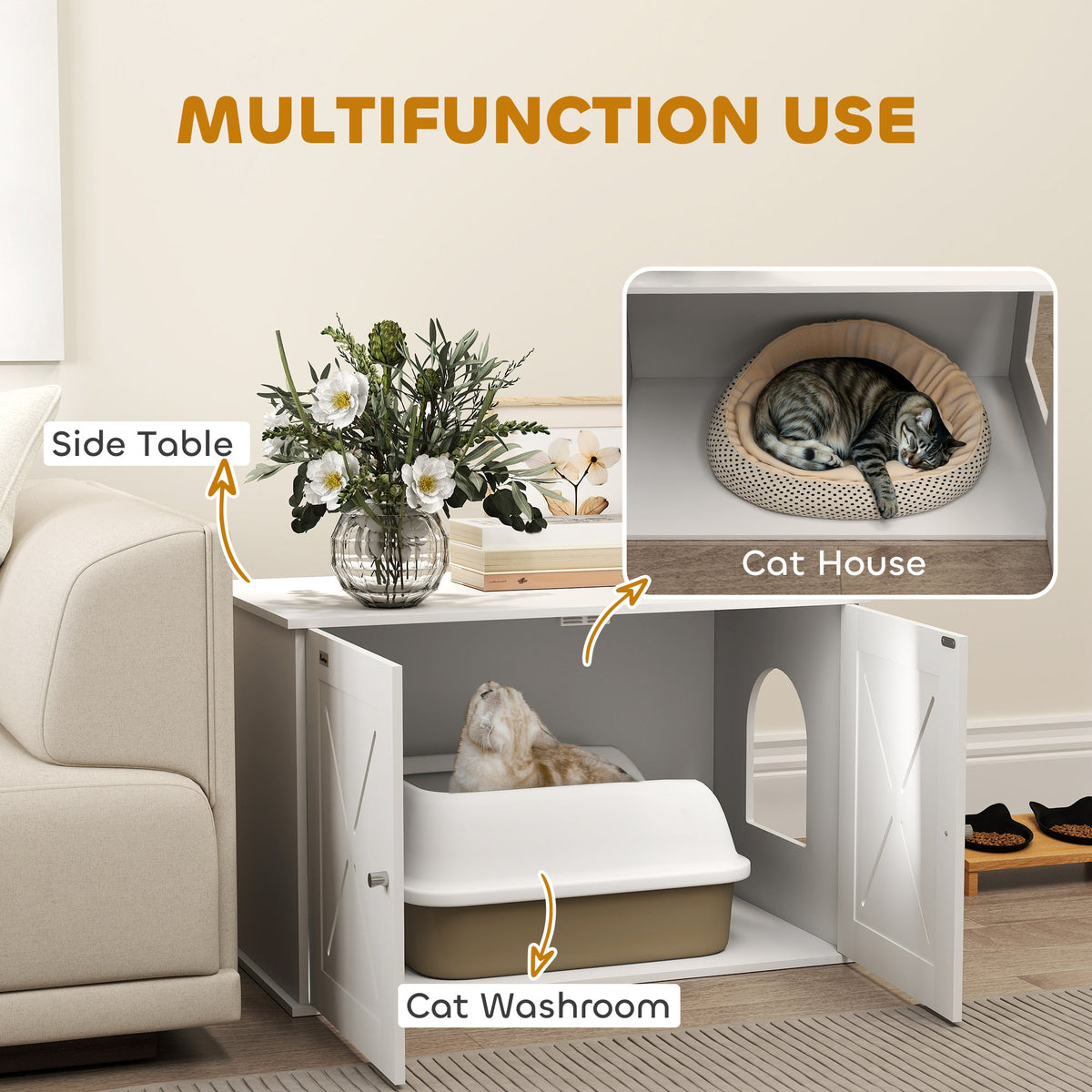 Hidden Cat Litter Box Enclosure with Double Doors, Hole, Pet House Side End Table, 31.5" x 19" x 20", White