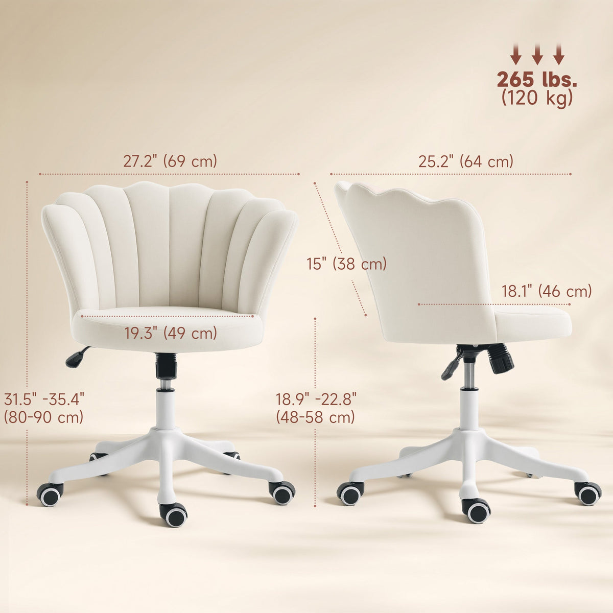 Office Chair, Armless Swivel Desk Chair with Adjustable Height, Backrest, Tilt Function for Office, Vanity, Cream
