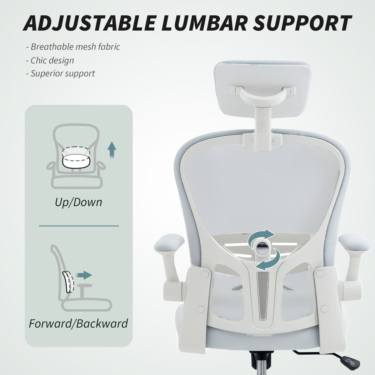 Office Chair, Mesh Computer Desk Chair with Adjustable Headrest, 4D Lumbar Support, Flip-up Arm, Grey