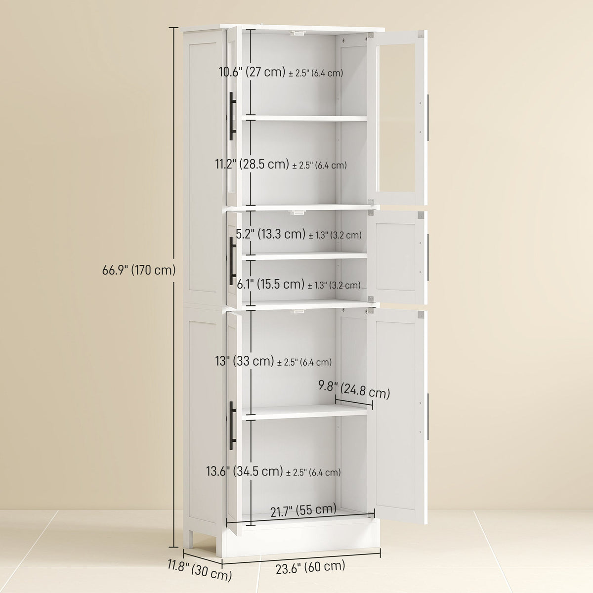 67" Tall Bathroom Storage Cabinet, Modern Freestanding Bathroom Cabinet with Glass Doors and Adjustable Shelves, White