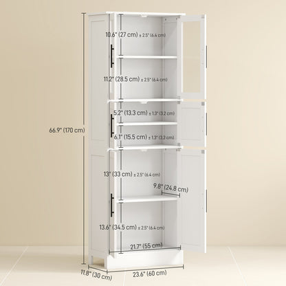 67" Tall Bathroom Storage Cabinet, Modern Freestanding Bathroom Cabinet with Glass Doors and Adjustable Shelves, White