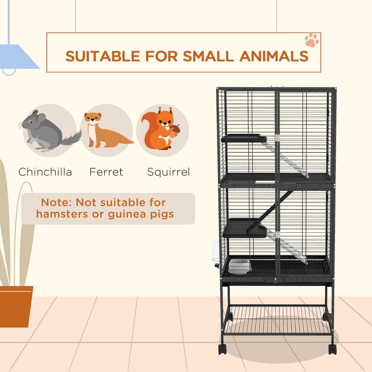 Rolling Small Animal Cage 34"H Chinchilla Cage for Ferrets, Squirrels w/ Removable Tray, Storage Shelf, Black