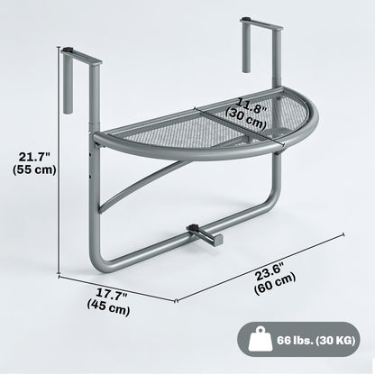 Adjustable Balcony Hanging Railing Table, Metal Mounting Mini Wall Desk Storage Rack, Outdoor Flower Stand Serving Table Half Round, Grey