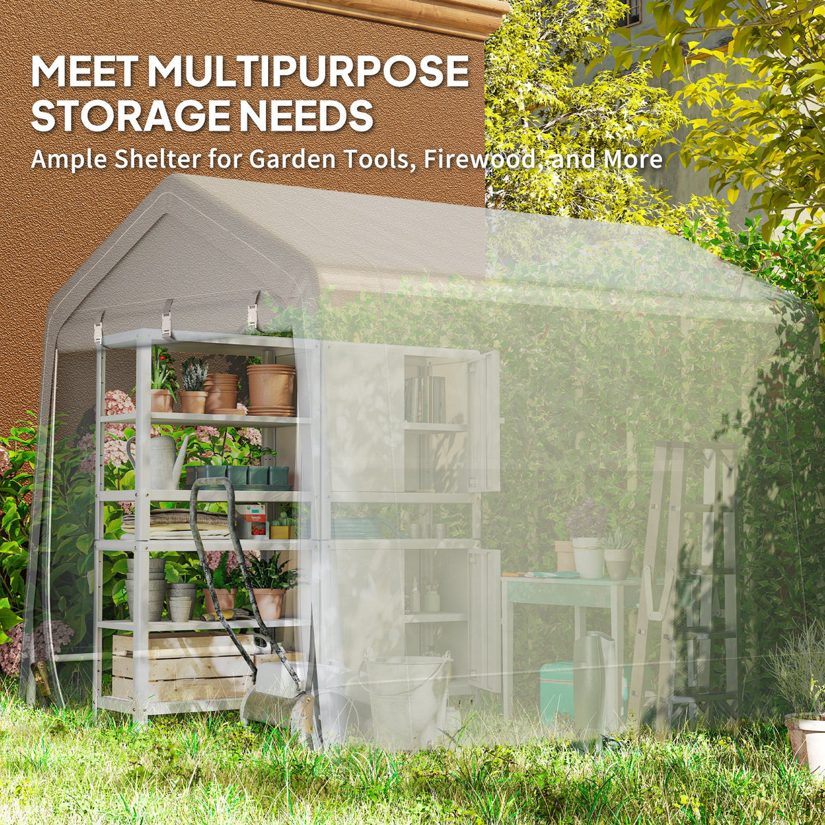 7.9' x 6.6' Garden Storage Tent, Patio Storage Shelter w/ Metal Frame and Double Zipper Doors, Dark Grey