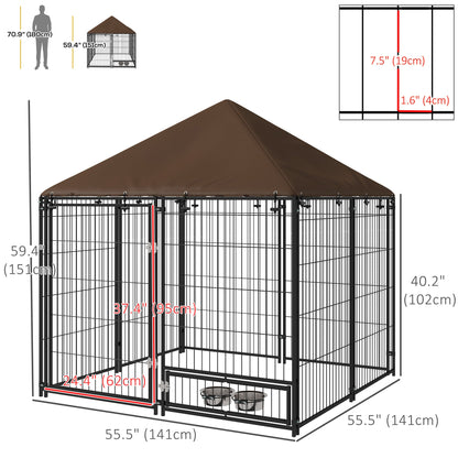 4.6' x 4.6' x 5' Outdoor Dog Kennel with Canopy, Rotating Bowls, Coffee