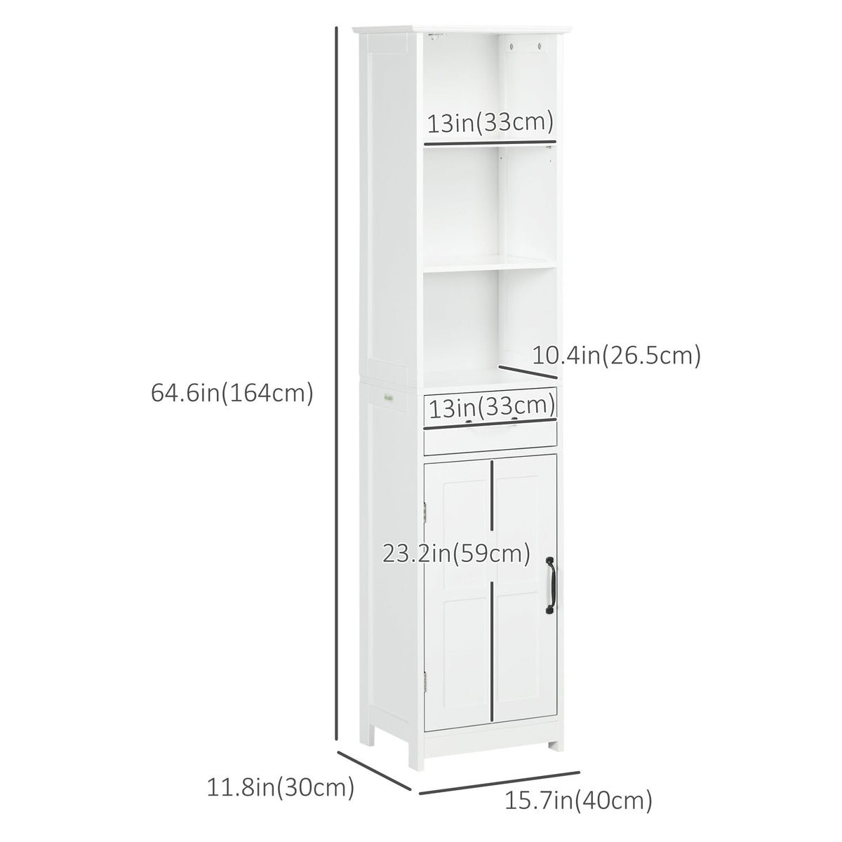 Modern Bathroom Cabinet, Narrow Bathroom Vanities with 3 Open Shelves, Drawer and Adjustable Shelf, White