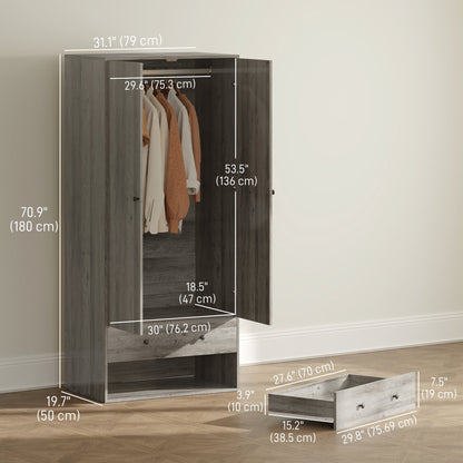 Briar Wardrobe Closet-Armoire with 2 Drawers and Hanging Rod-Grey