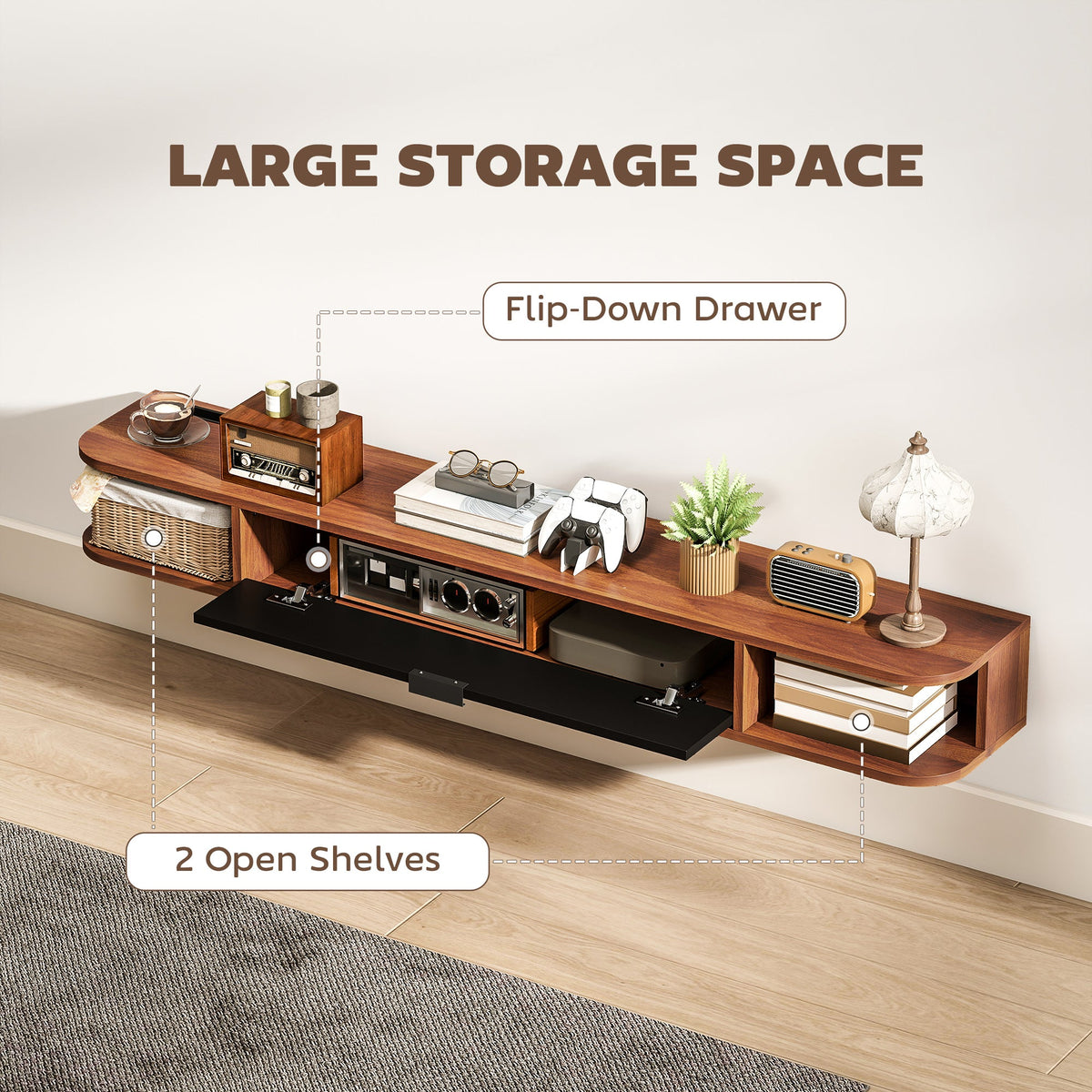 Lennox 55" Floating TV Stand for TVs up to 65" with Flip Drawer-Walnut