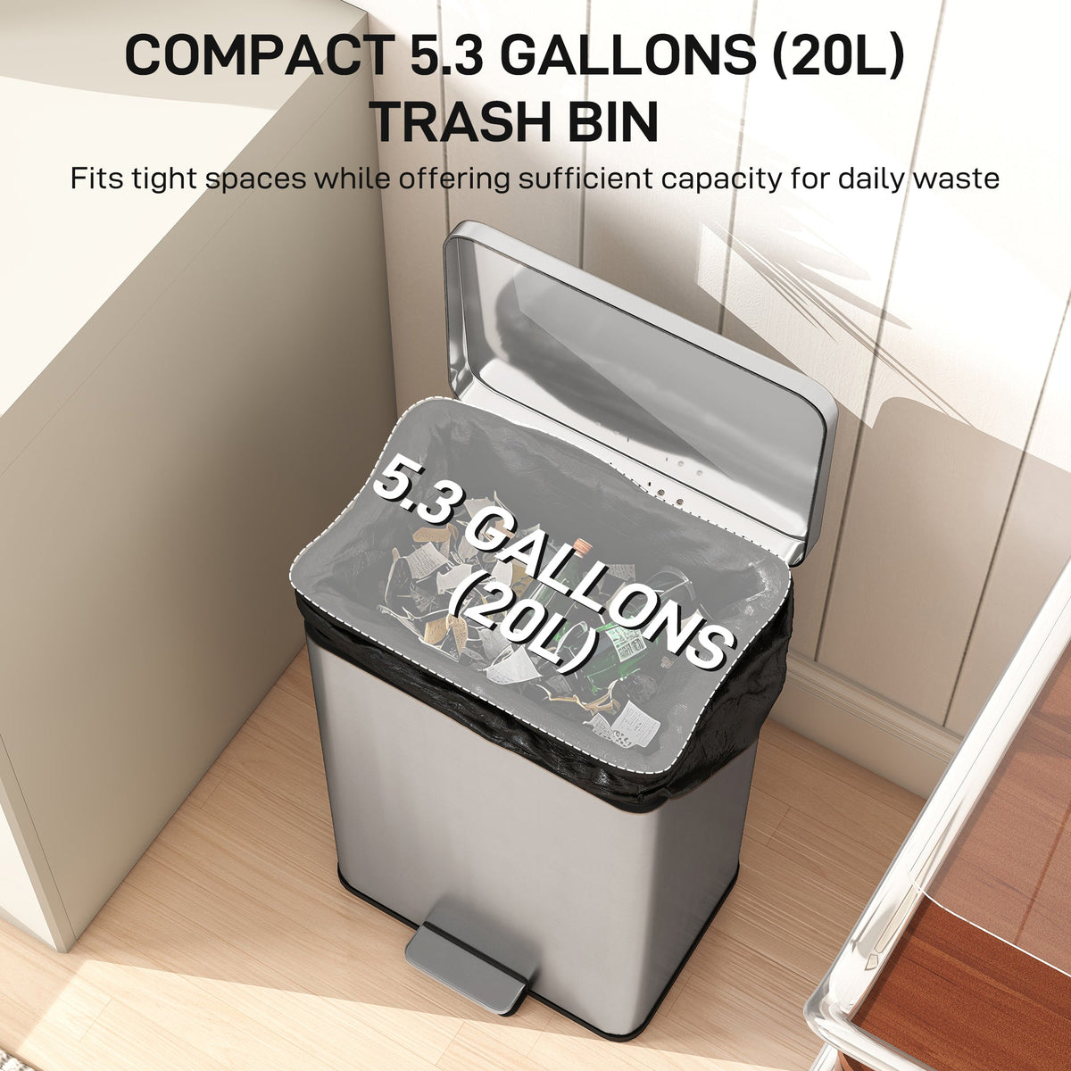 Garbage Bin, Soft-Close Trash Can with Foot Pedal, 5 Gallon (20 L) Garbage Can with Removable Inner Bucket, Matte Black