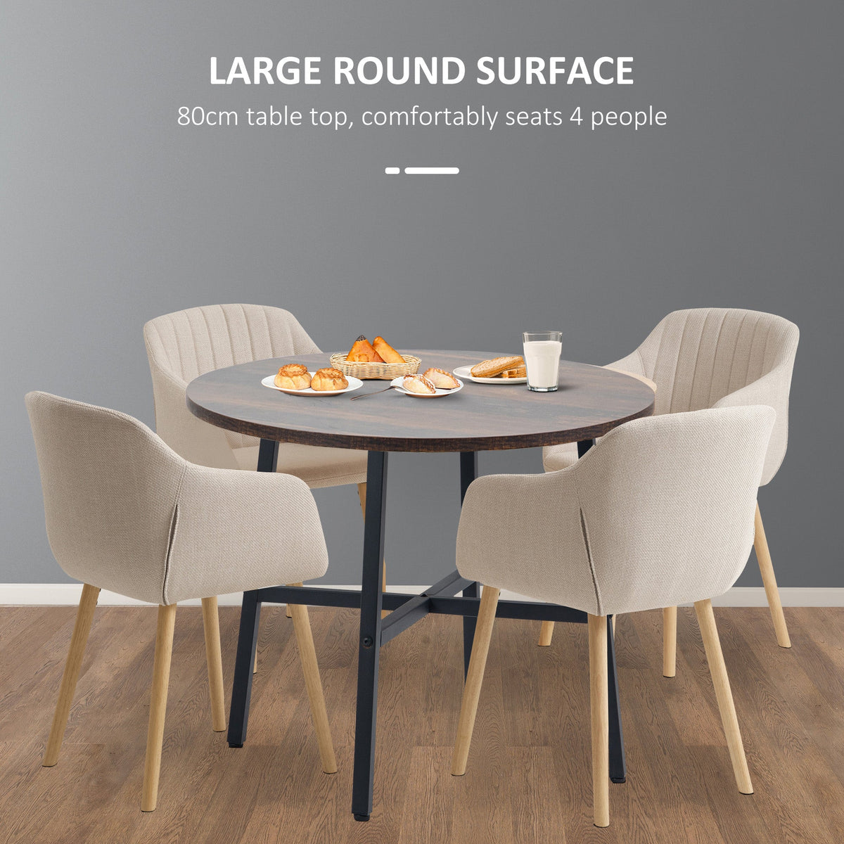 Ø31.5" Dining Room Table, Industrial Style Kitchen Table Round with Steel Legs, Rustic Brown