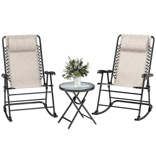 3pc Patio Rocking Chair Set, Folding Outdoor Rocking Chairs and Table Bistro Set w/ Breathable Mesh Seat & Backrest, Headrest for Park, Backyard, Garden, Cream White
