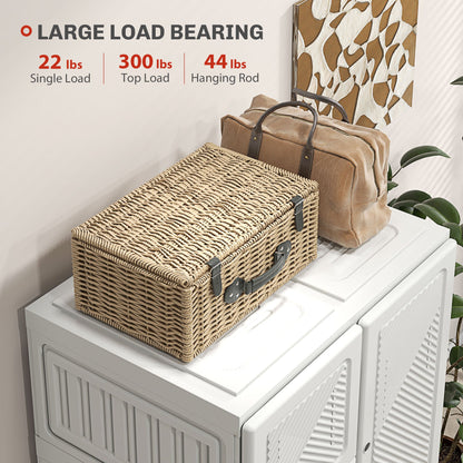 Portable Wardrobe, Foldable Storage Organzier with 5 Compartments, 1 Hanging Rod, Magnet Doors, White