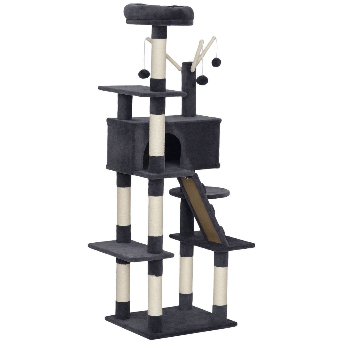 59 Inch Large Cat Tree with Sisal Scratching Posts, Cozy Condo, Top Perch, Ladder and Interactive Balls, Dark Grey
