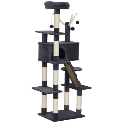 59 Inch Large Cat Tree with Sisal Scratching Posts, Cozy Condo, Top Perch, Ladder and Interactive Balls, Dark Grey