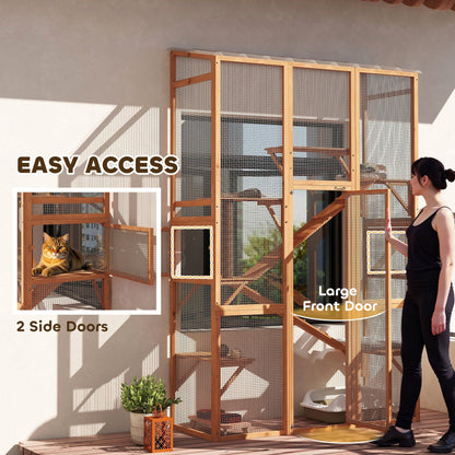 Large Outdoor Catio with 6 Jumping Platforms, Scratching Post, 2 Ramps, Waterproof Roof, Grey