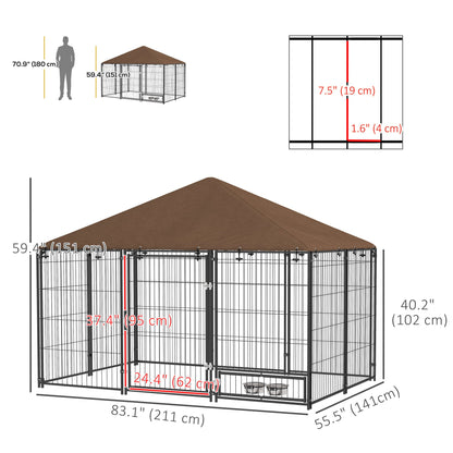 4.6' x 4.6' x 5' Outdoor Dog Kennel with Canopy, Rotating Bowls, Coffee