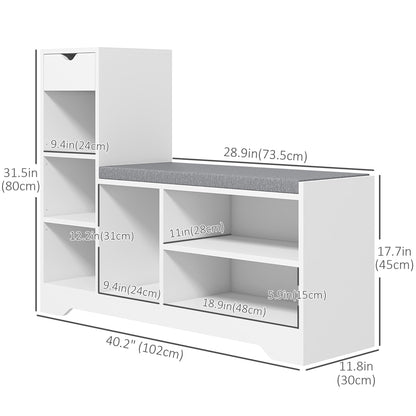 Upholstered Shoe Storage Bench w/ Seat, Entrance Bench w/ Drawer and 6 Open Shelves for Hallway, Grey
