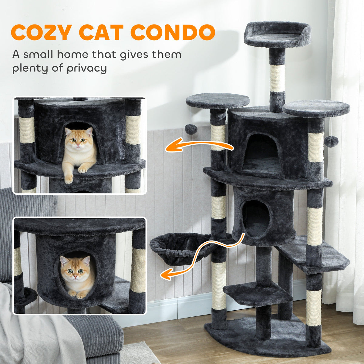 62" Cat Tree with Scratching Post, 2 Condos, Hammock, Perches, Plush, Pompoms, for Indoor Cats, Beige