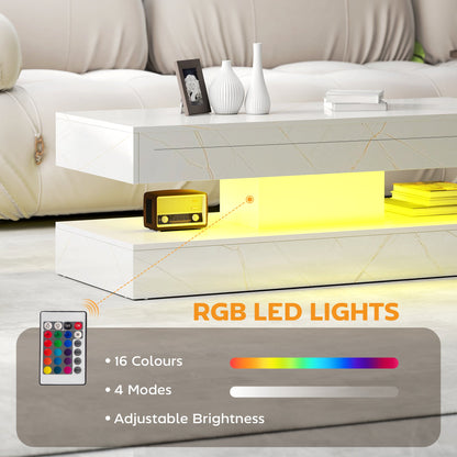 Coffee Table with Adjustable LED Lights, Modern Living Room Table with 2 Drawers, Open Shelf, Remote, High Gloss White