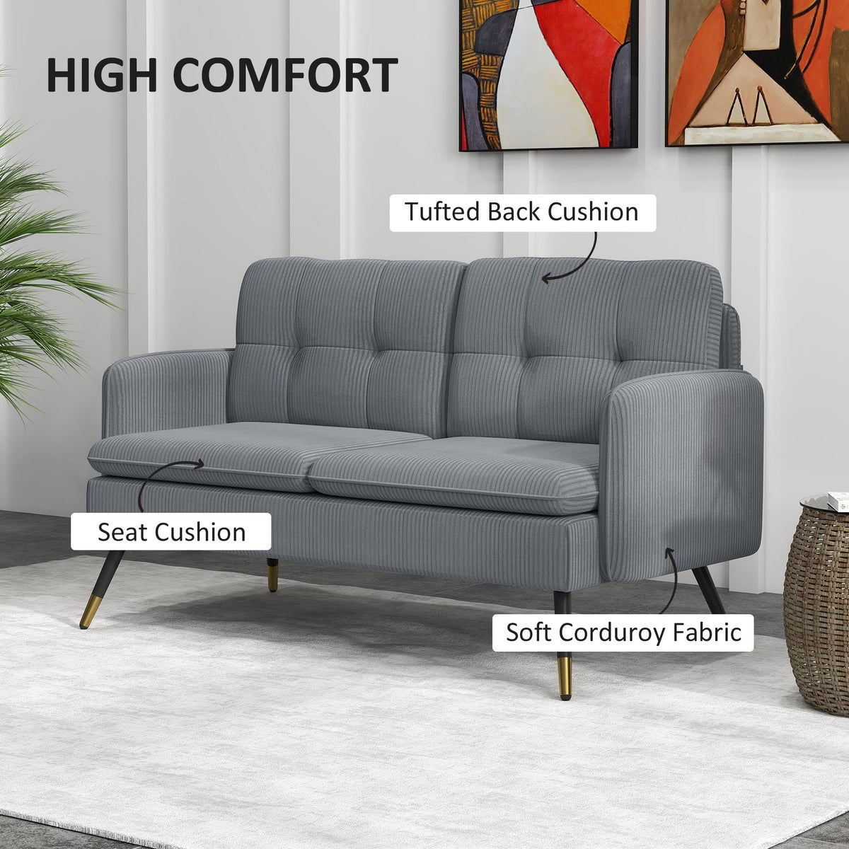 55" Loveseat Sofa, Linen Love Seat w/ S spring, Steel Legs and Button Tufting, Small Couch for Living Room, Dark Grey