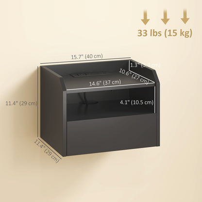 Wall Mounted Bedside Table, Set of 2 Floating Nightstand with Charging Station, Drawer and Open Shelf for Bedroom, Black