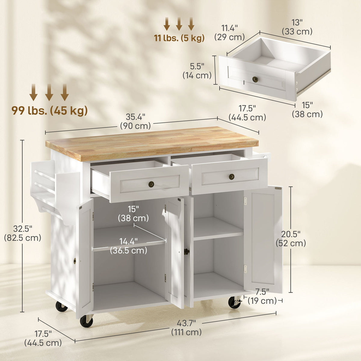 Kitchen Island with Storage, Rolling Trolley Cart with Rubber Wood Top, Spice Rack, Towel Rack, Brown Oak