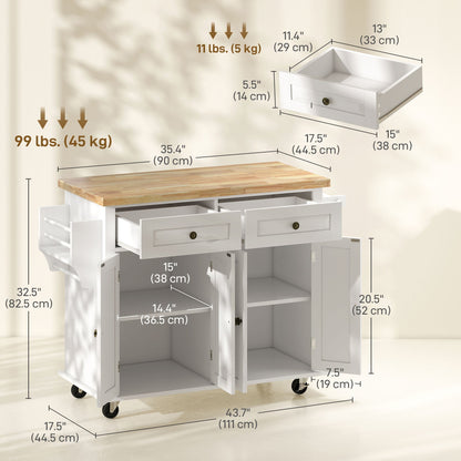 Kitchen Island with Storage, Rolling Trolley Cart with Rubber Wood Top, Spice Rack, Towel Rack, Brown Oak
