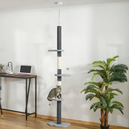 88.5"-100.5" Floor to Ceiling Cat Tree, Cat Tower with Scratching Posts, Cloud Shaped Platforms, Dangling Balls, Cream