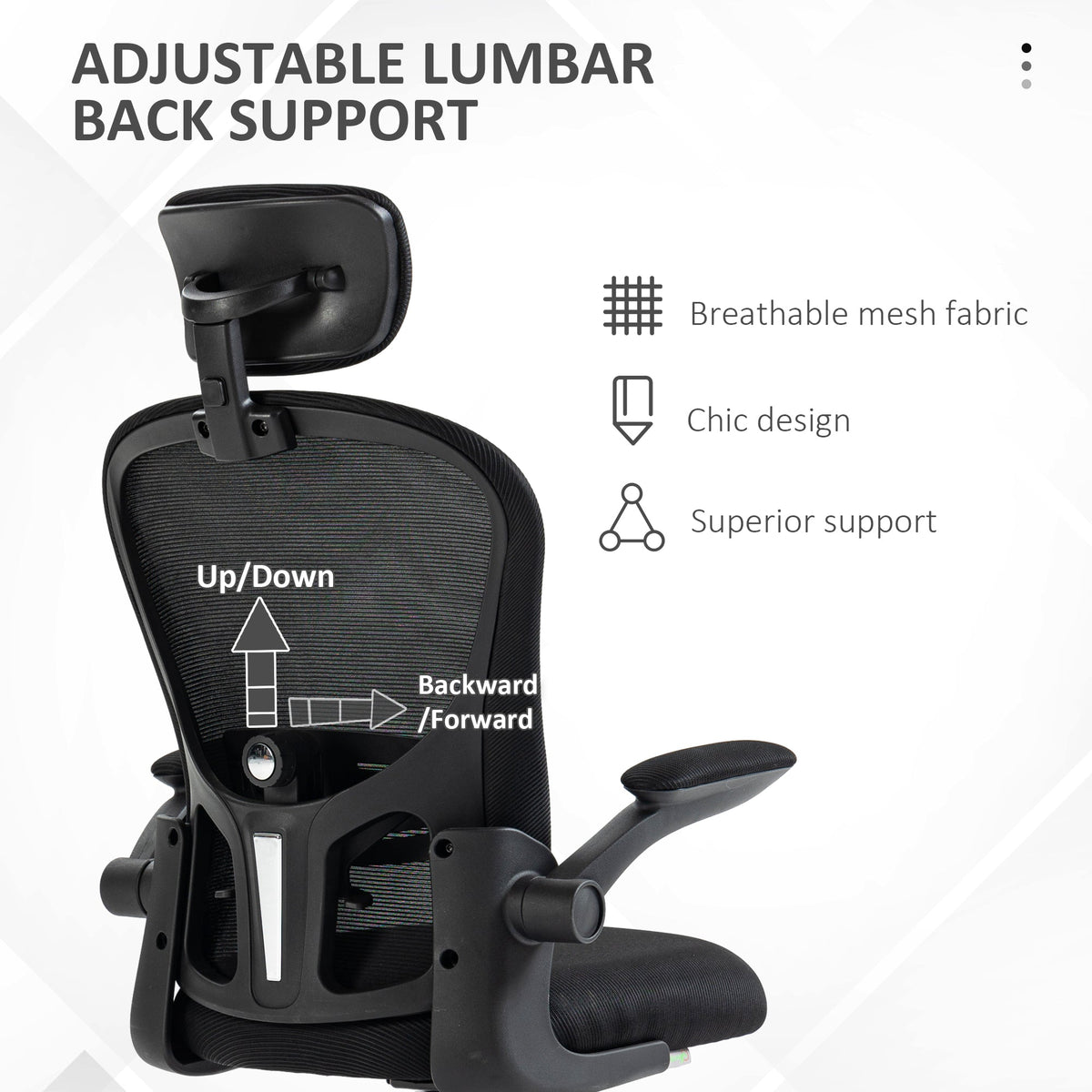 Office Chair, Mesh Computer Desk Chair with Adjustable Headrest, 4D Lumbar Support, Flip-up Arm, Grey