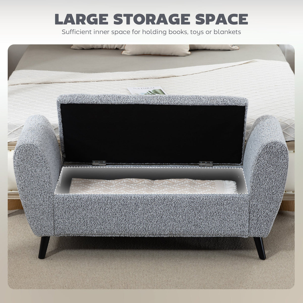Upholstered Storage Bench with Arms, Modern Ottoman Bench for Bedroom, Entryway, and Living Room, Black