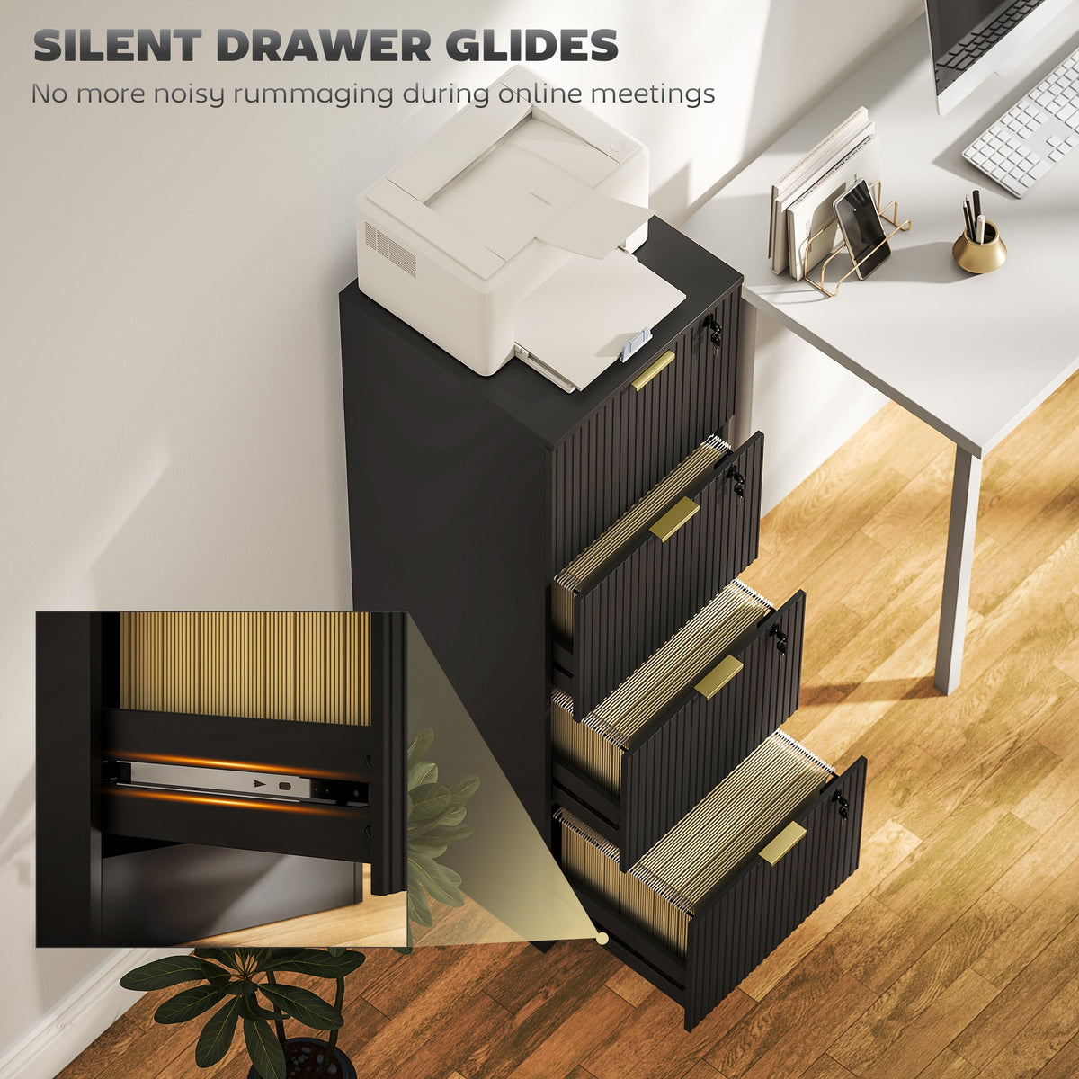 Lockable Filing Cabinet with 2 Fluted Drawers, File Cabinet with Adjustable Hanging Rails for A4 Letter Files, Black